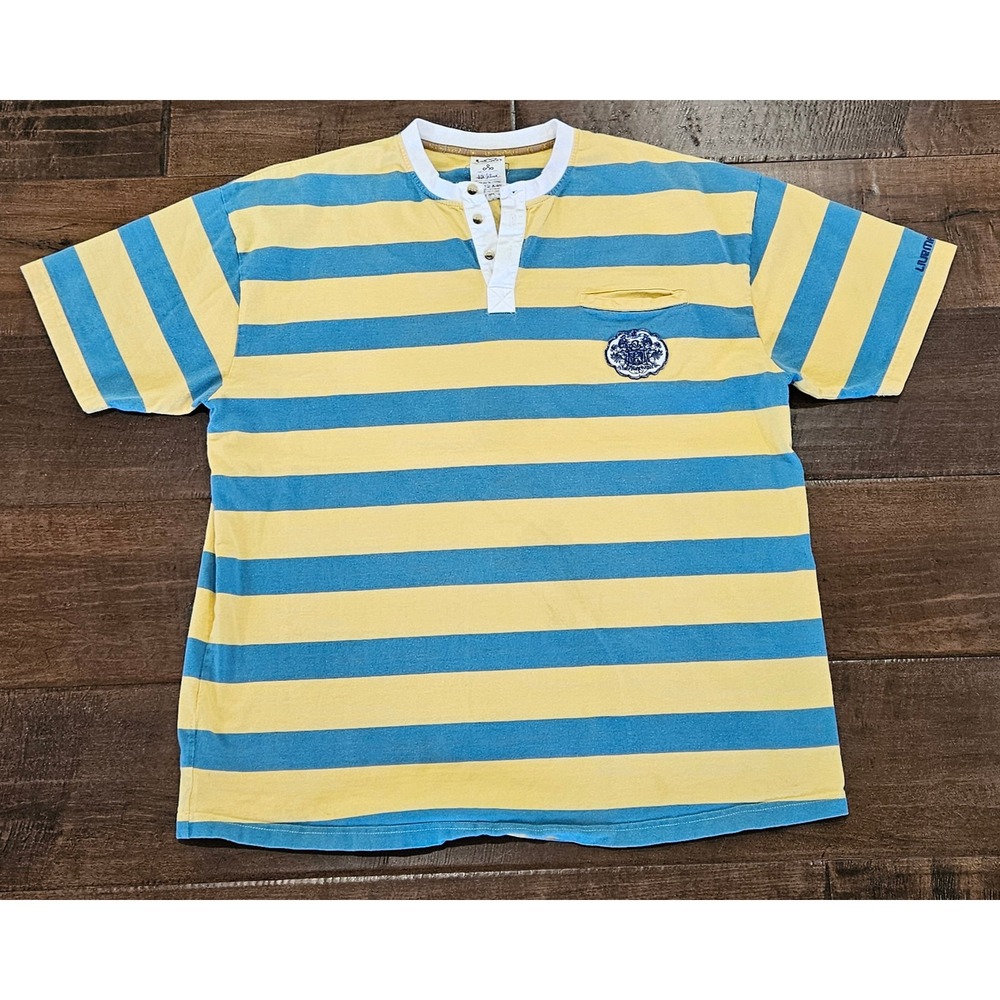Vintage Live Mechanics Mens XXL Henley Shirt Yellow Blue Striped short Sleeve